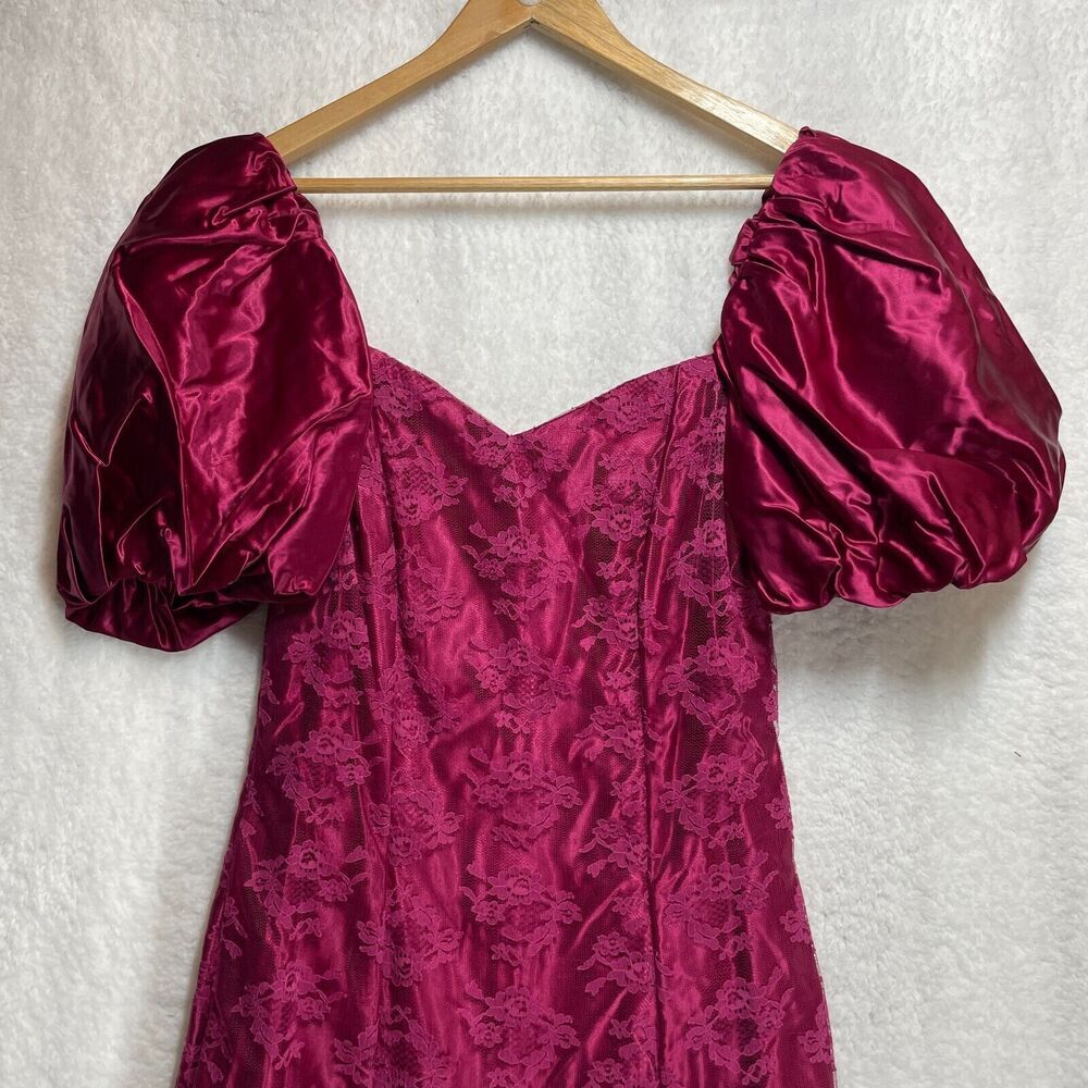 Vintage 80s Magenta Lace Satin Dress Puff Sleeve Prom Party Retro Size Small - Picture 3 of 15